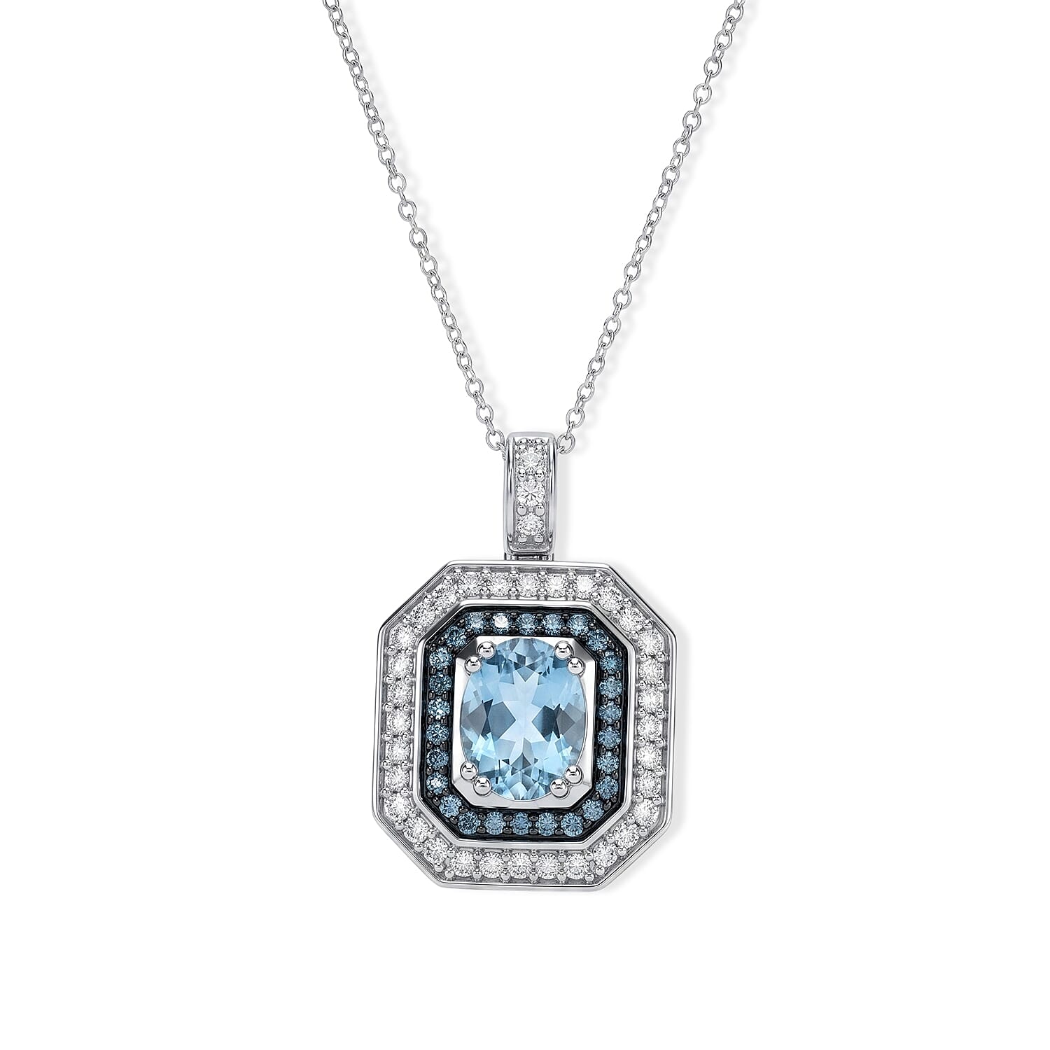 10K White Gold AAA Santa Maria Aquamarine, Luxuriant Lab Grown Diamond and Lab Grown Blue Diamond (IR) (VS) (0.70 cts) Pendant Necklace (20 Inches) 2.35 ctw