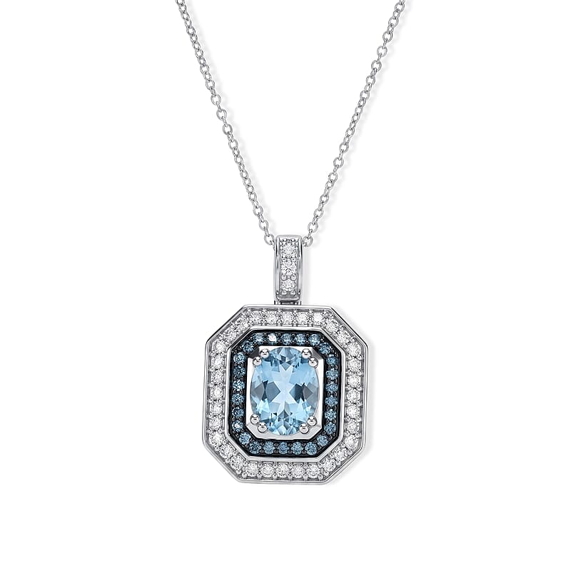 AAA Santa Maria Aquamarine, Luxuriant Lab Grown Diamond and Lab Grown Blue Diamond (IR) VS 2.35 ctw Pendant Necklace in 10K White Gold 20 Inches