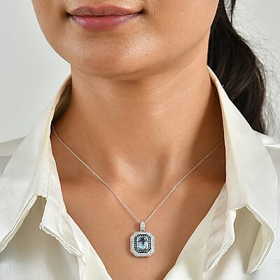 AAA Santa Maria Aquamarine, Luxuriant Lab Grown Diamond and Lab Grown Blue Diamond (IR) VS 2.35 ctw Pendant Necklace in 10K White Gold 20 Inches