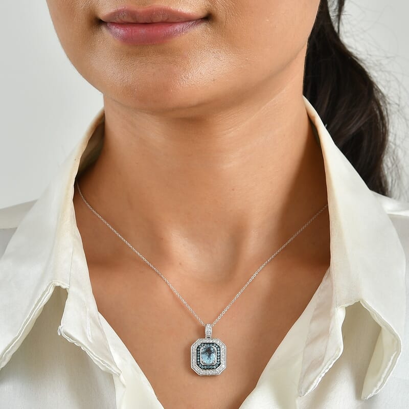 AAA Santa Maria Aquamarine, Luxuriant Lab Grown Diamond and Lab Grown Blue Diamond (IR) VS 2.35 ctw Arctic Halo Pendant Necklace in 10K White Gold 20 Inches 5.13 Grams