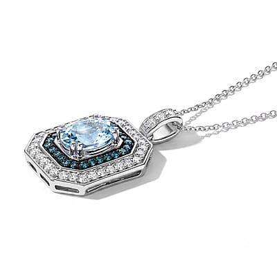 AAA Santa Maria Aquamarine, Luxuriant Lab Grown Diamond and Lab Grown Blue Diamond (IR) VS 2.35 ctw Pendant Necklace in 10K White Gold 20 Inches