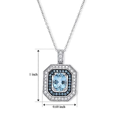 AAA Santa Maria Aquamarine, Luxuriant Lab Grown Diamond and Lab Grown Blue Diamond (IR) VS 2.35 ctw Pendant Necklace in 10K White Gold 20 Inches