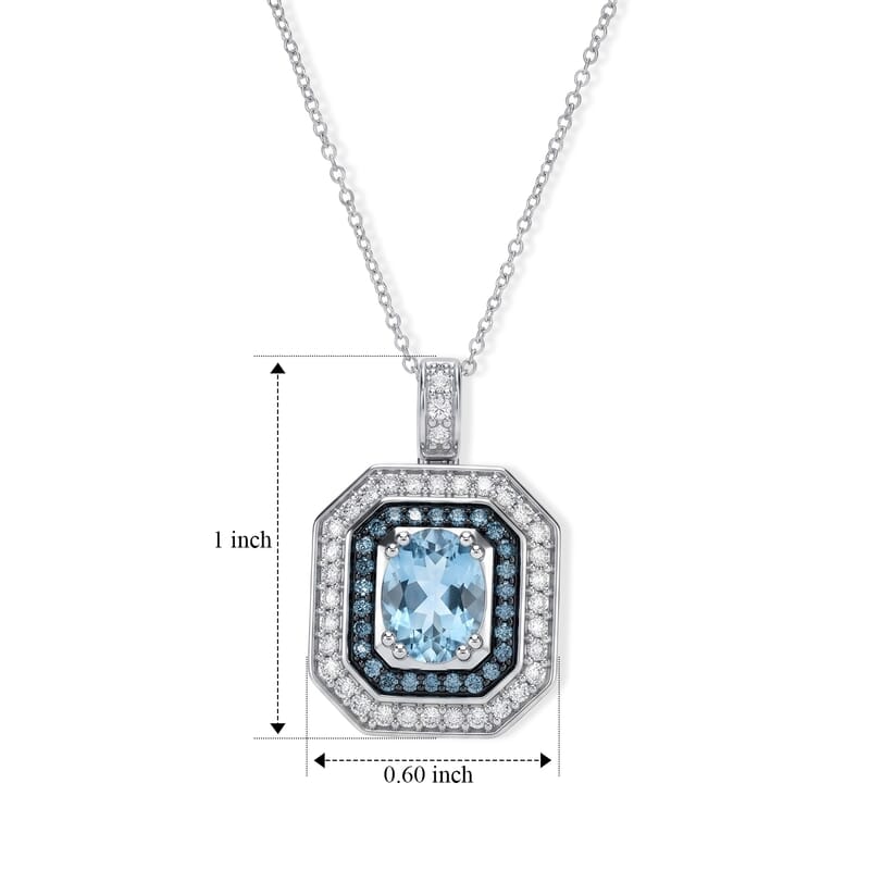 AAA Santa Maria Aquamarine, Luxuriant Lab Grown Diamond and Lab Grown Blue Diamond (IR) VS 2.35 ctw Arctic Halo Pendant Necklace in 10K White Gold 20 Inches 5.13 Grams
