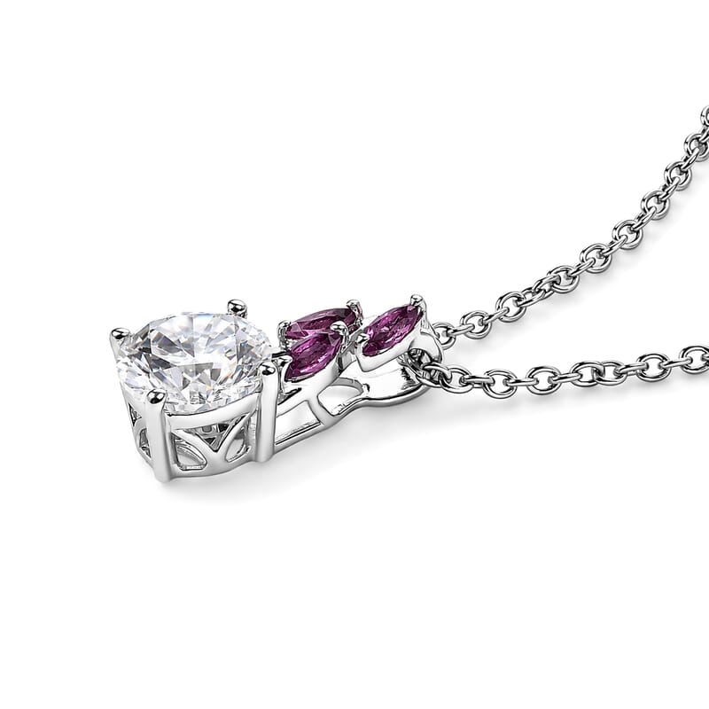 EverTrue Moissanite and Radiant Ember Garnet 4.50 ctw Ring (Size 5) and Pendant in Platinum Bond with Stainless Steel Necklace 20 Inches