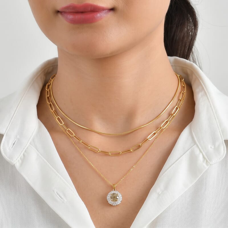 Certified and Appraised D'Joy Premium Hanabi Cut Turkizite and Moissanite 2.33 ctw Pendant Necklace (18 Inches) in 18K Vermeil Yellow Gold Over Sterling Silver