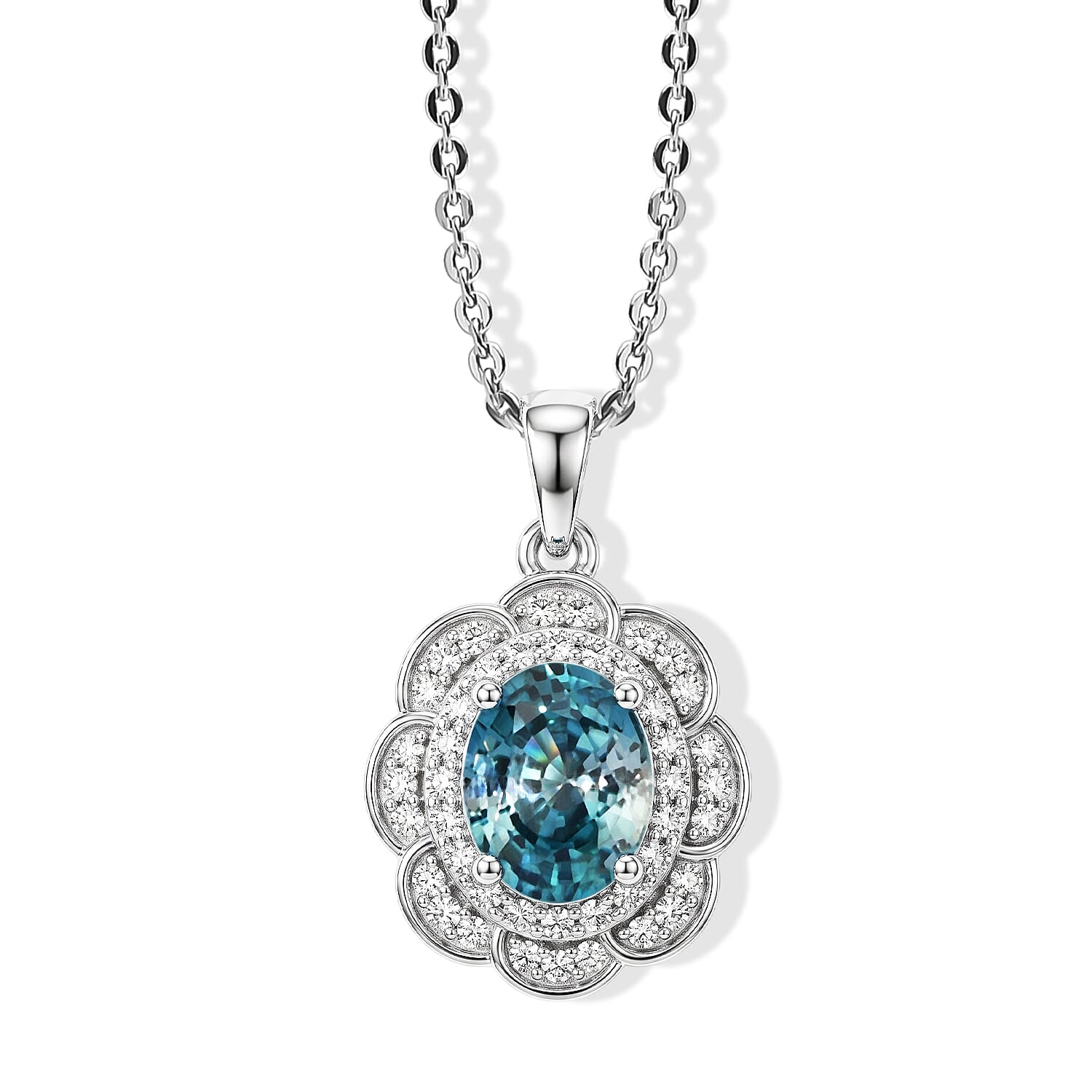 D'Joy Premium Cambodian Blue Zircon, Moissanite Pendant Necklace (18 Inches) in Rhodium Over Sterling Silver 2.85 ctw