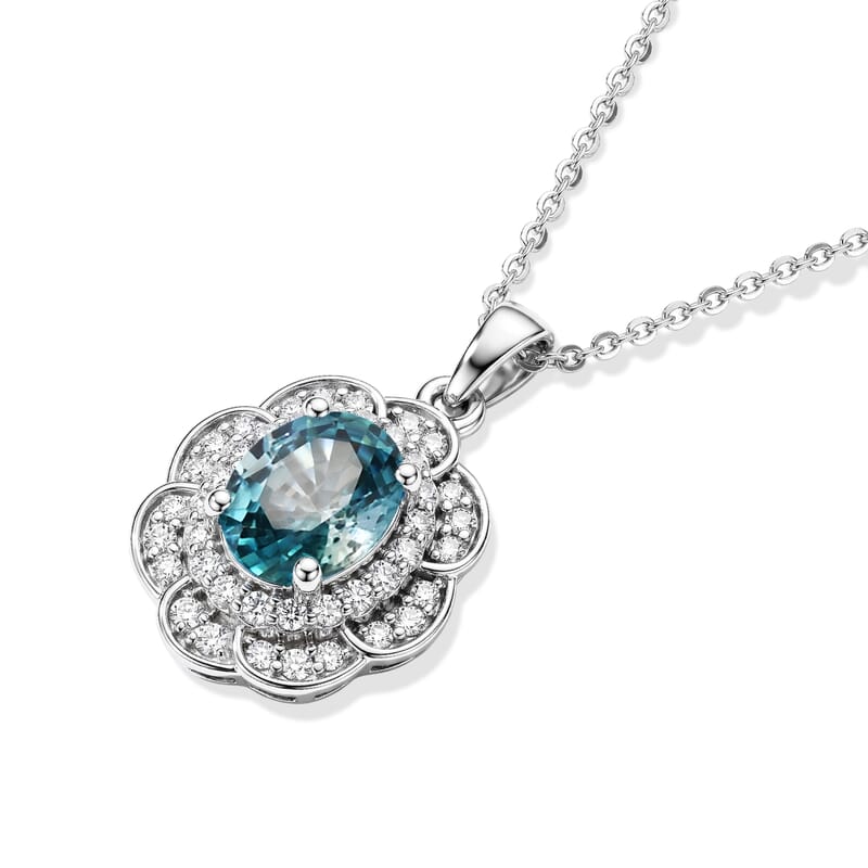 D'Joy Premium Cambodian Blue Zircon and Moissanite 2.85 ctw Pendant Necklace in Rhodium Over Sterling Silver 18 Inches