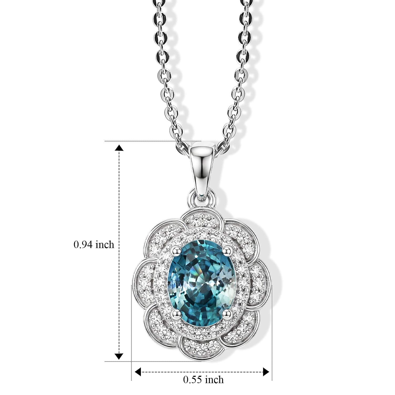 D'Joy Premium Cambodian Blue Zircon, Moissanite Pendant Necklace (18 Inches) in Rhodium Over Sterling Silver 2.85 ctw
