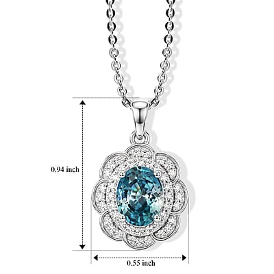 D'Joy Premium Cambodian Blue Zircon, Moissanite Pendant Necklace (18 Inches) in Rhodium Over Sterling Silver 2.85 ctw