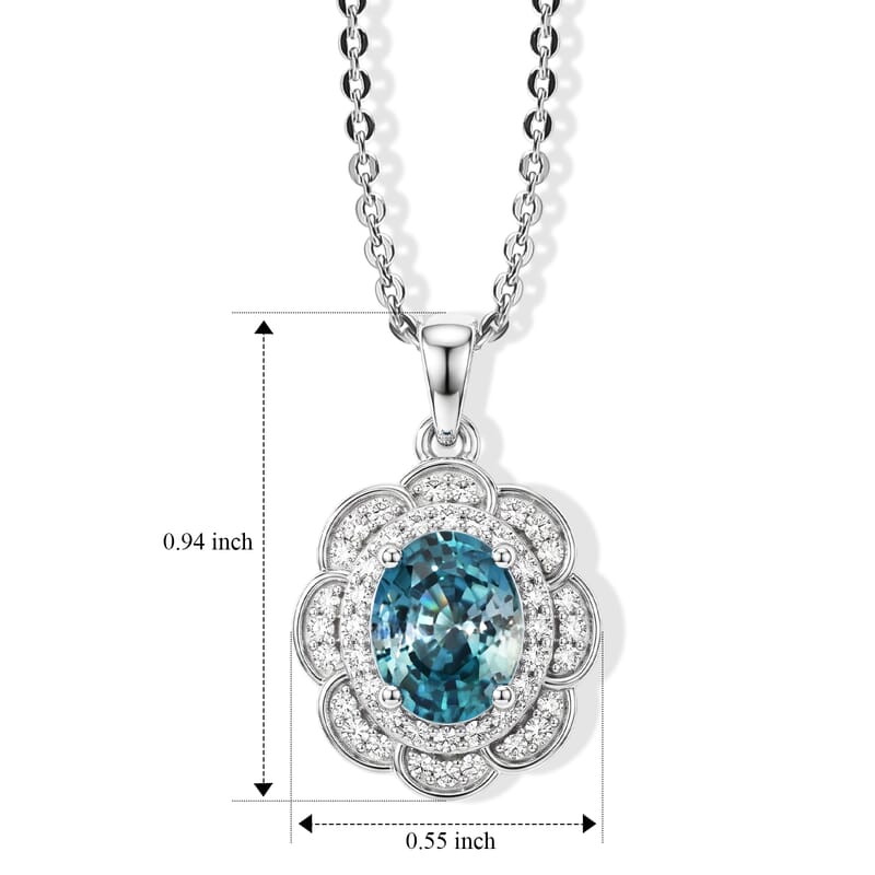 D'Joy Premium Cambodian Blue Zircon and Moissanite 2.85 ctw Pendant Necklace in Rhodium Over Sterling Silver 18 Inches