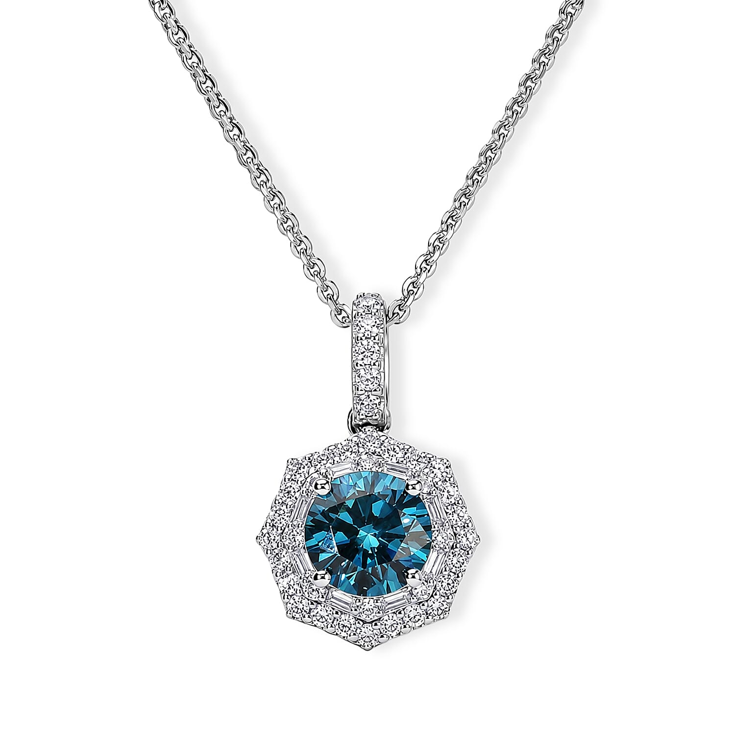 SGL Certified Luxuriant Lab Grown Blue Diamond IR and Lab Grown Diamond VS 1.50 ctw Pendant Necklace in Rhodium Over Sterling Silver 18 Inches