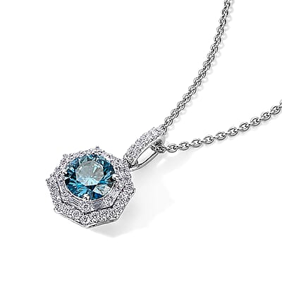 SGL Certified Luxuriant Lab Grown Blue Diamond IR and Lab Grown Diamond VS 1.50 ctw Pendant Necklace in Rhodium Over Sterling Silver 18 Inches