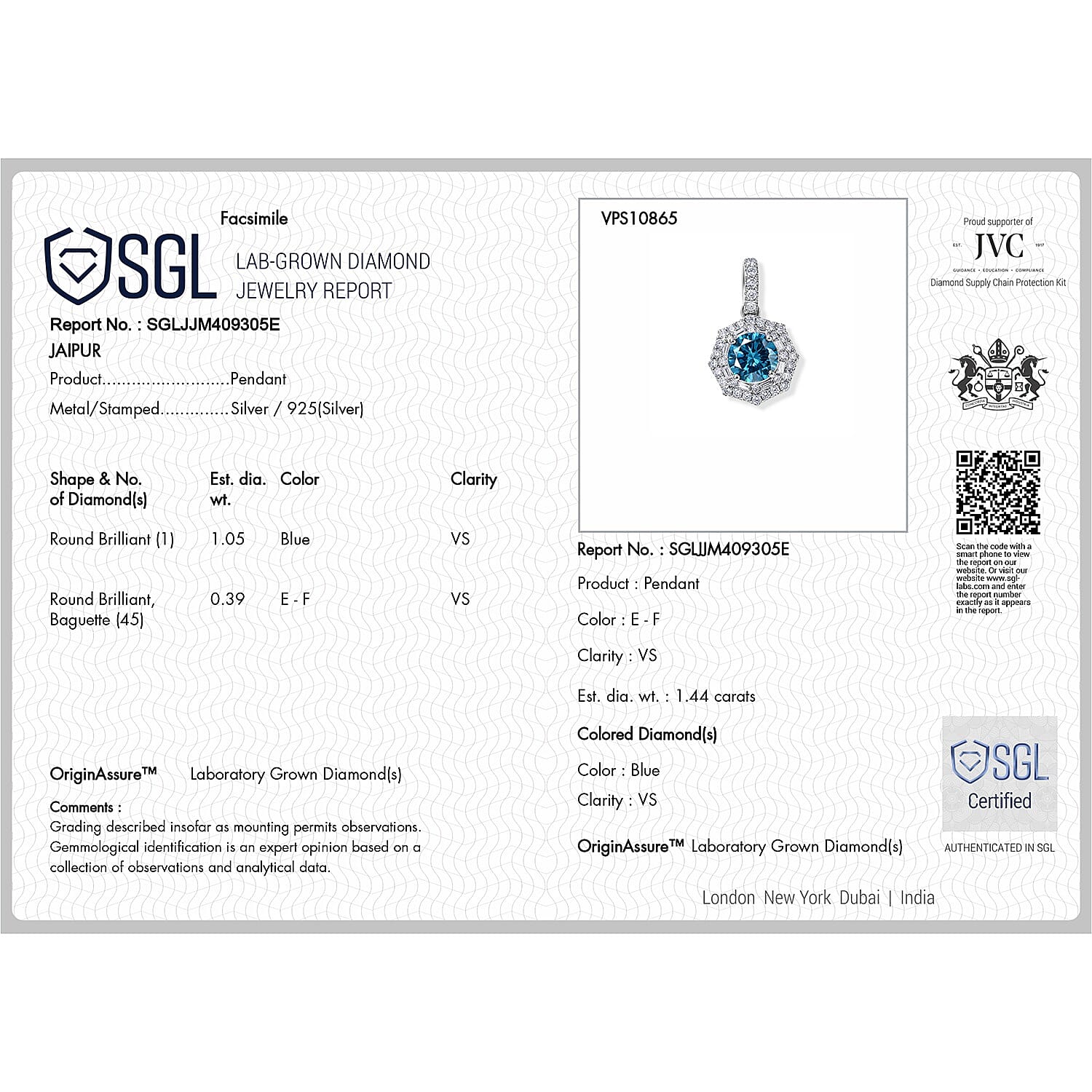 SGL Certified Luxuriant Lab Grown Blue Diamond IR and Lab Grown Diamond VS 1.50 ctw Pendant Necklace in Rhodium Over Sterling Silver 18 Inches