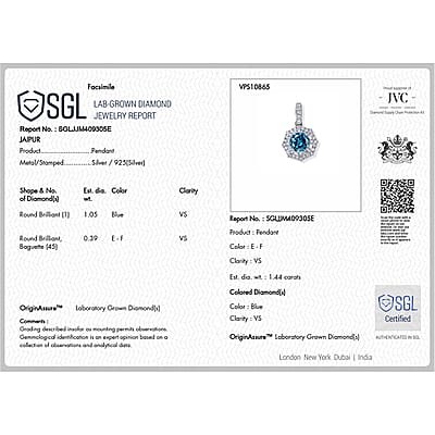 SGL Certified Luxuriant Lab Grown Blue Diamond IR and Lab Grown Diamond VS 1.50 ctw Pendant Necklace in Rhodium Over Sterling Silver 18 Inches
