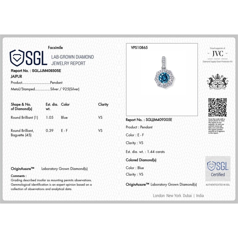 SGL Certified Luxuriant Lab Grown Blue Diamond IR and Lab Grown Diamond VS 1.50 ctw Pendant Necklace in Rhodium Over Sterling Silver 18 Inches