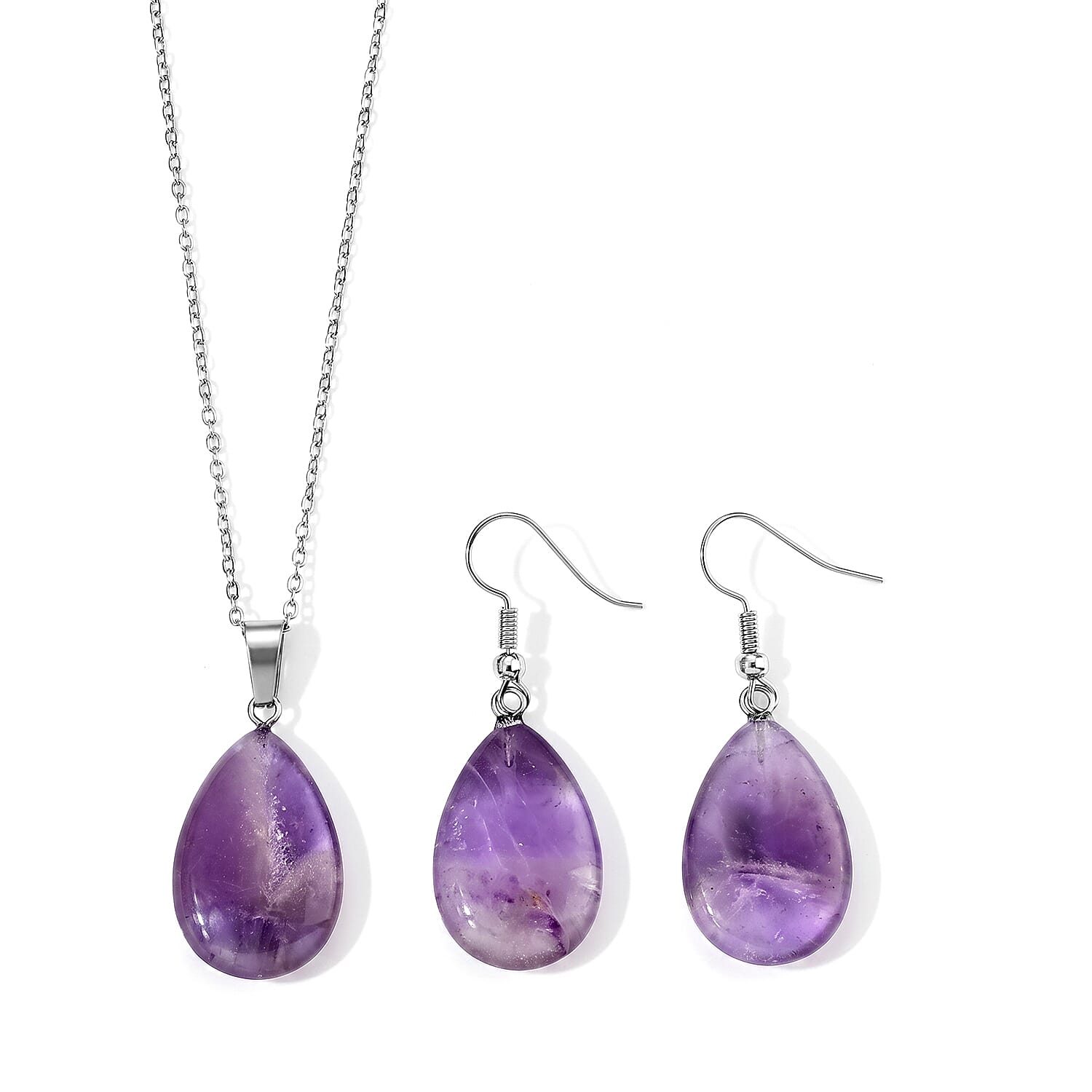 African Amethyst 100.00 ctw Earrings in Silvertone with Pendant Necklace Stainless Steel (Adjustable)