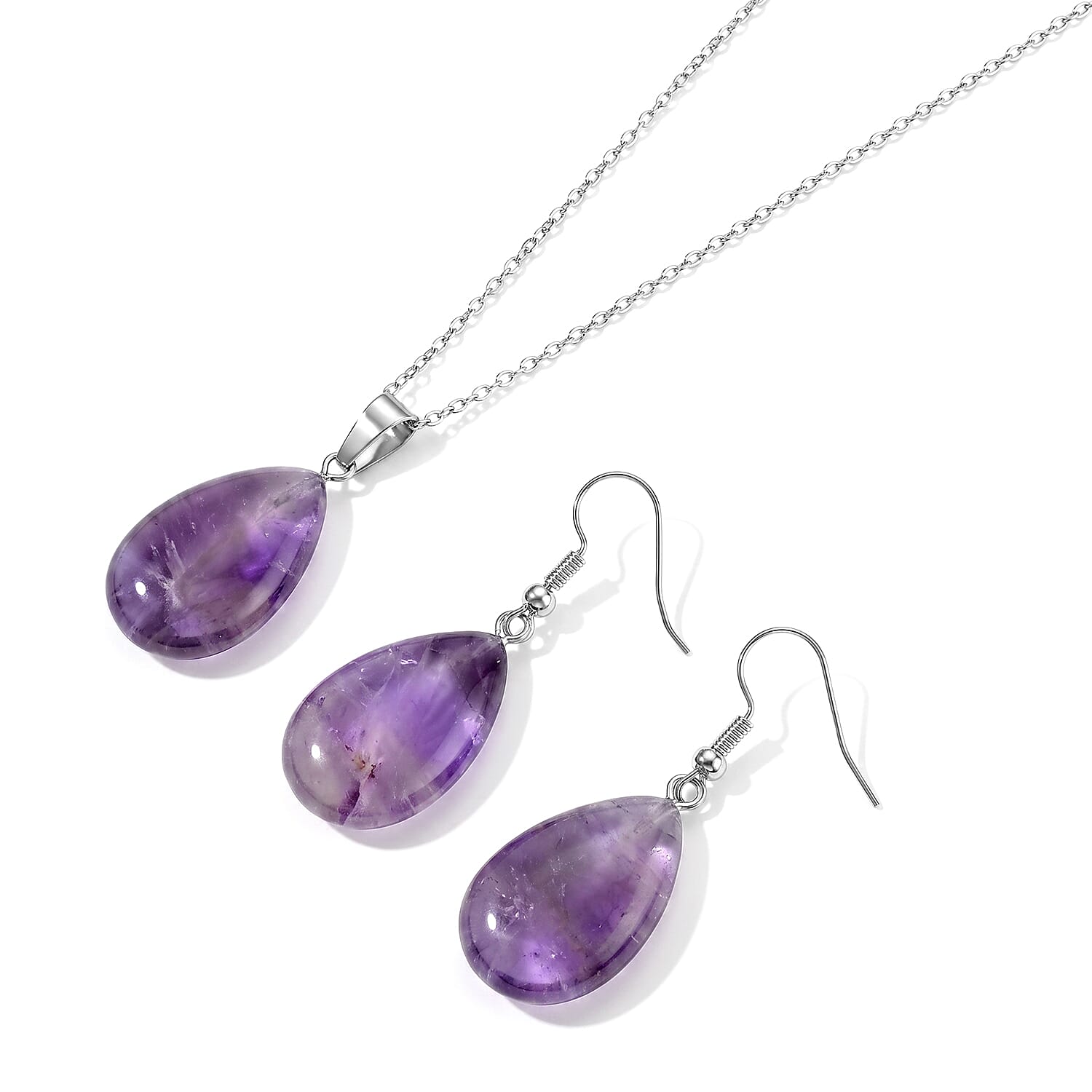 African Amethyst 100.00 ctw Earrings in Silvertone with Pendant Necklace Stainless Steel (Adjustable)