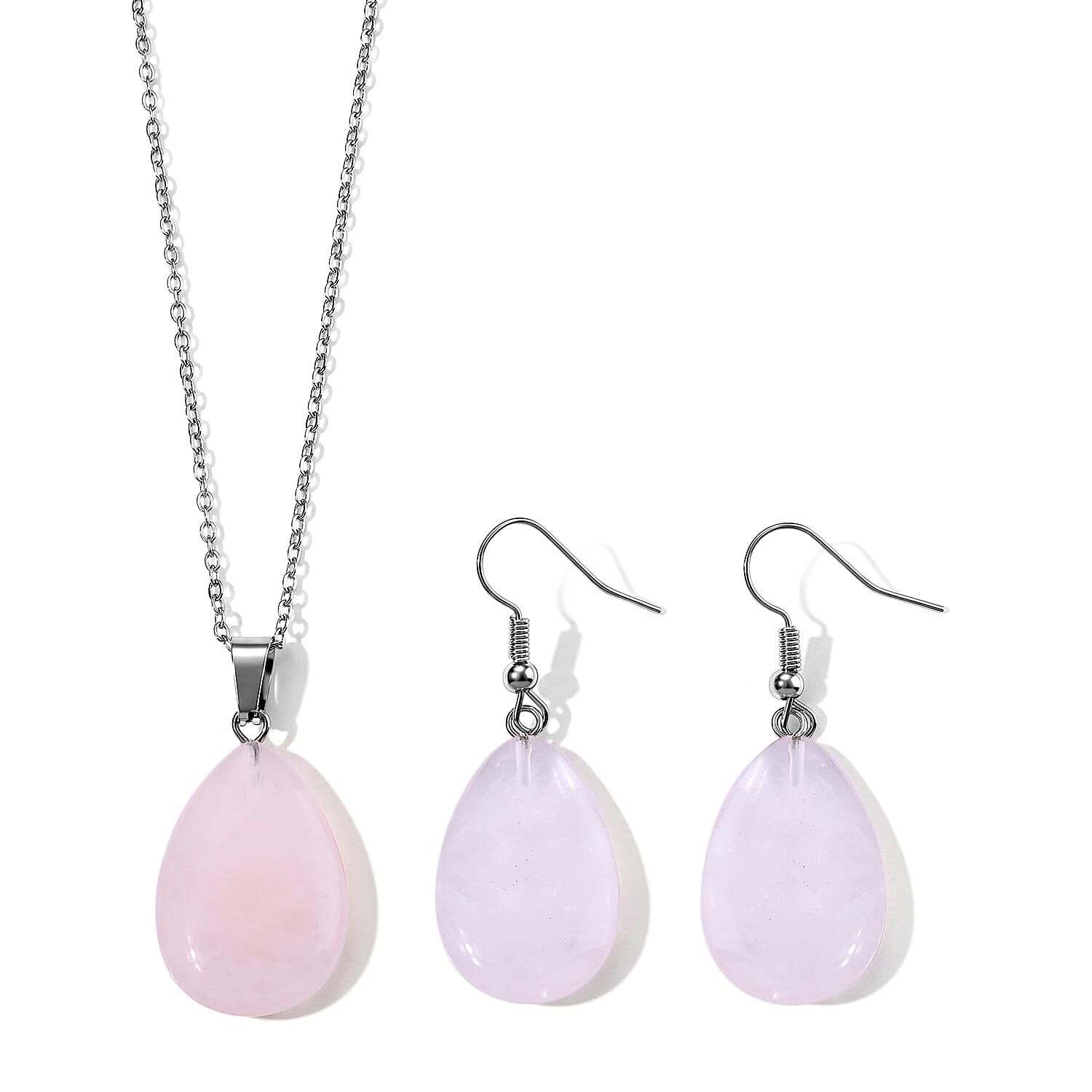 Galilea Rose Quartz 100.00 ctw Earrings in Silvertone with Pendant Necklace Stainless Steel (Adjustable)
