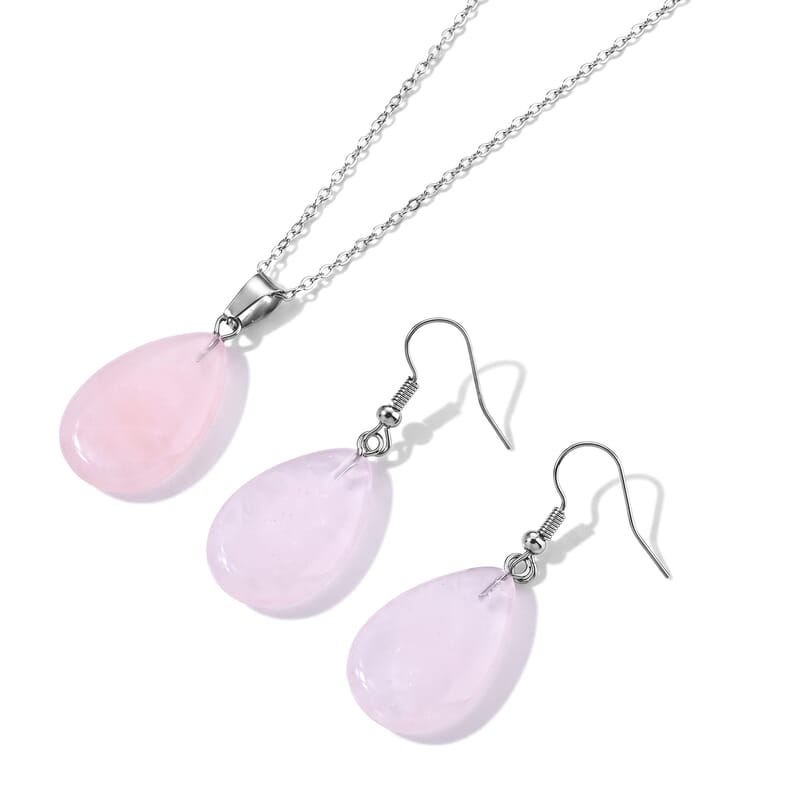 Galilea Rose Quartz 100.00 ctw Earrings in Silvertone with Pendant Necklace Stainless Steel (Adjustable)