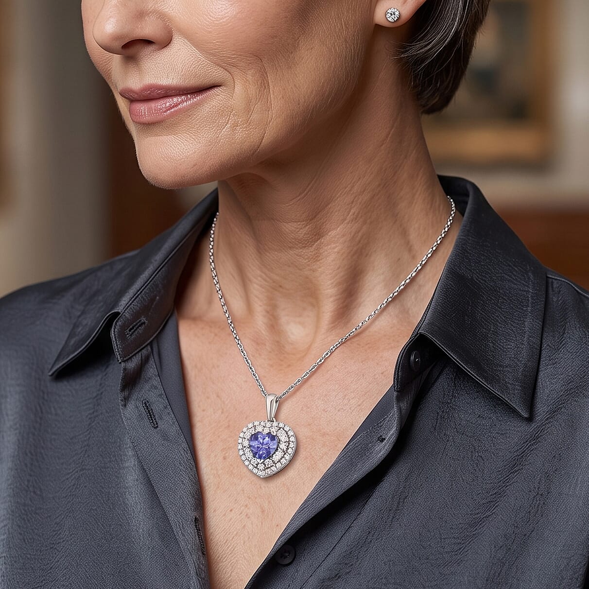 Certified & Appraised D'Joy Premium Tanzanite and Moissanite 1.70 ctw Pendant Necklace in Rhodium Over Sterling Silver 18 Inches