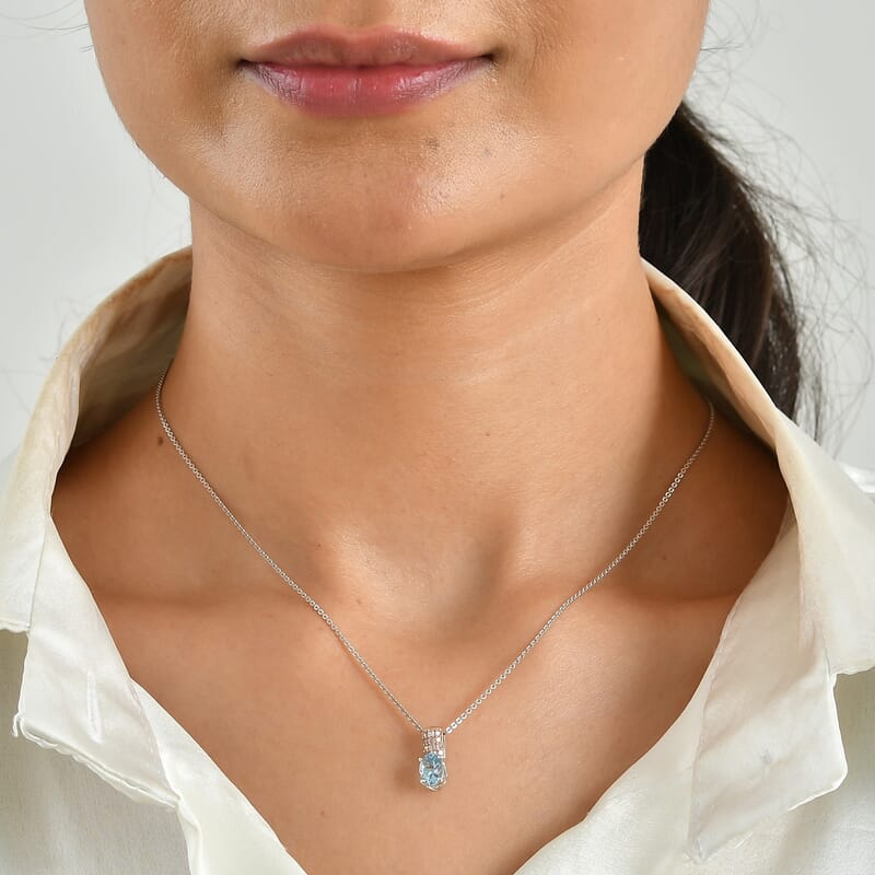 D'Joy Santa Maria Aquamarine and Natural Pink Diamond 0.80 ctw Arctic Bloom Pendant Necklace in Rhodium Over Sterling Silver 20 Inches