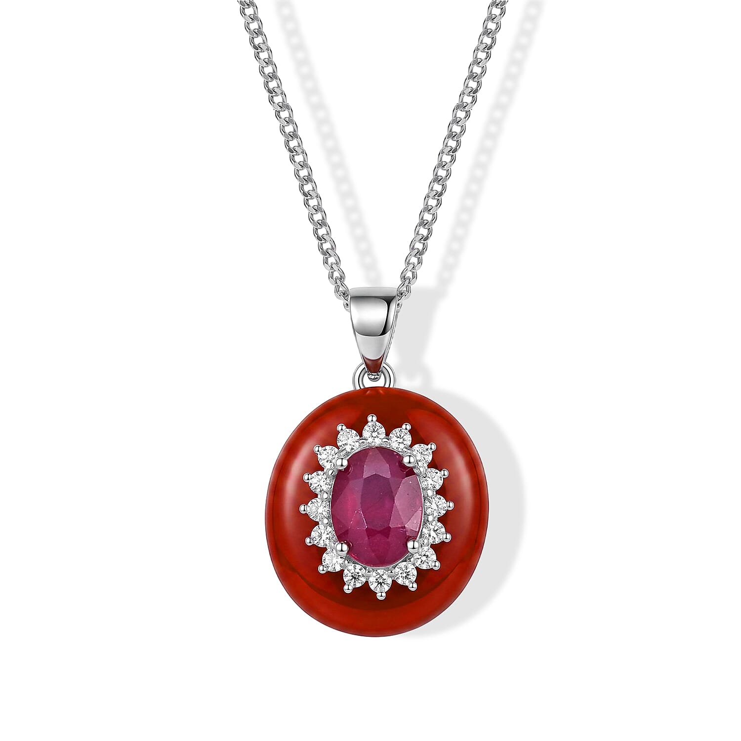 D'Joy Niassa Ruby (FF), Red Jade(D) and Moissanite 9.50 ctw Radiance Pendant Necklace in Rhodium Over Sterling Silver 18 Inches