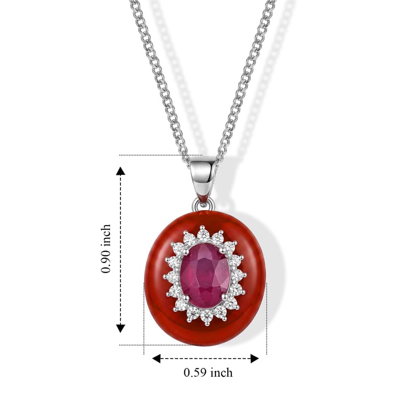 D'Joy Niassa Ruby (FF), Red Jade(D) and Moissanite 9.50 ctw Radiance Pendant Necklace in Rhodium Over Sterling Silver 18 Inches