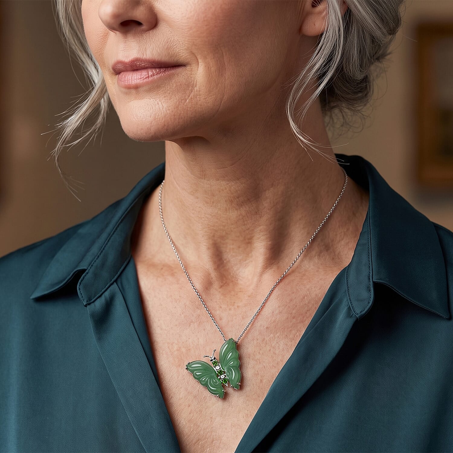 D'Joy Green Jade (D) and Multi Gemstone 11.30 ctw Pendant Necklace in Rhodium Over Sterling Silver 18 Inches