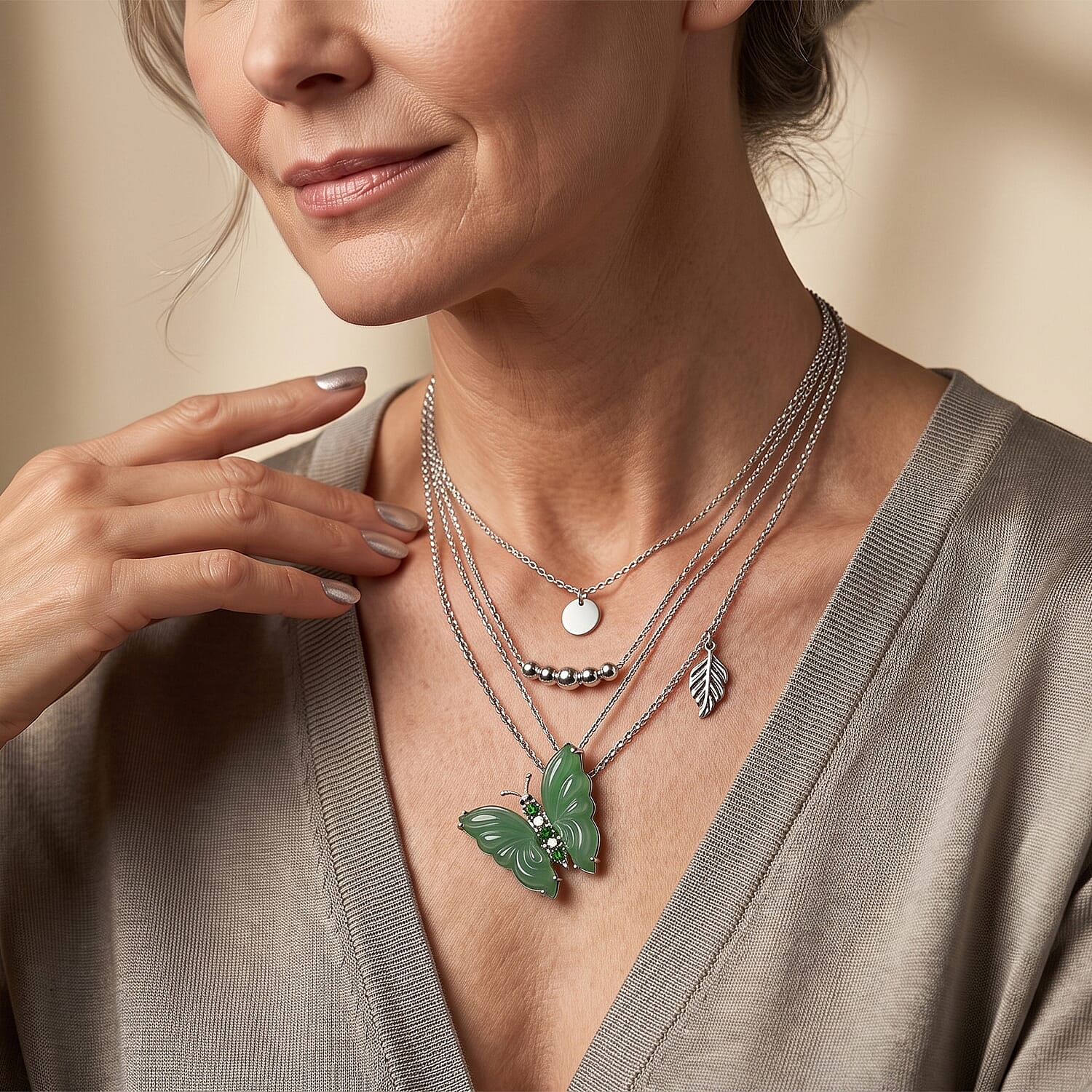D'Joy Green Jade (D) and Multi Gemstone 11.30 ctw Pendant Necklace in Rhodium Over Sterling Silver 18 Inches