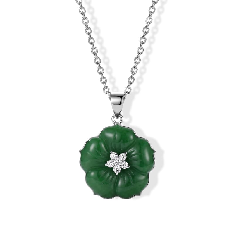 D'Joy Verdant Green Jade (D) and Moissanite 7.90 ctw Carved Floral Pendant Necklace in Rhodium Over Sterling Silver 18 Inches
