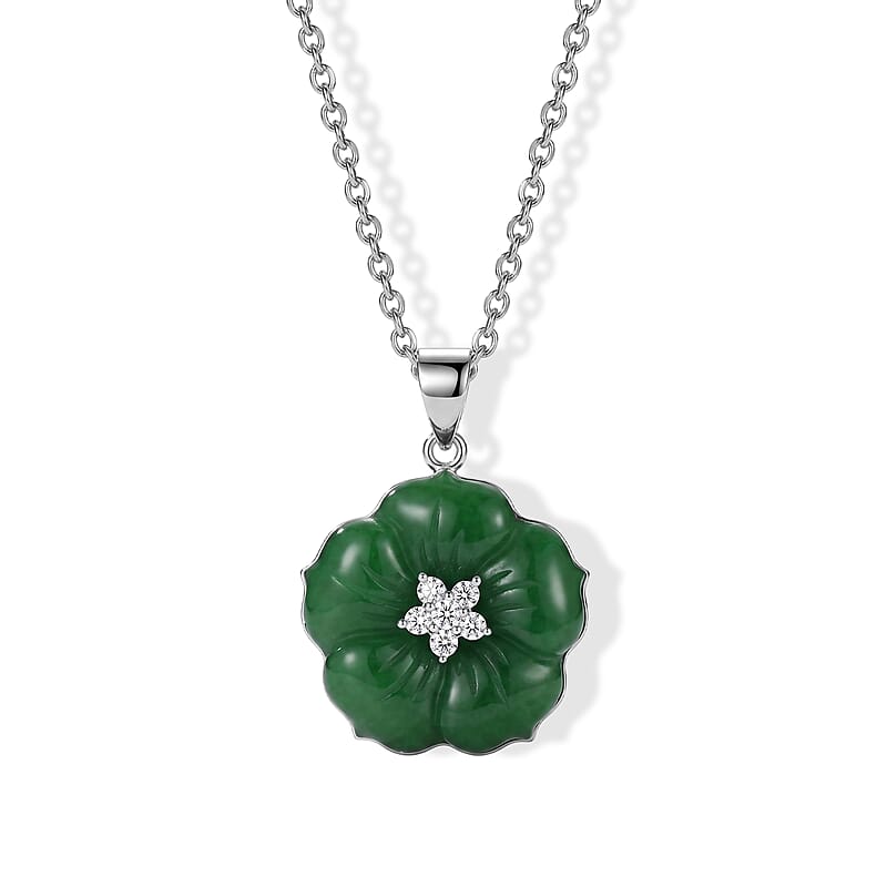 D'Joy Green Jade (D) and Moissanite 7.90 ctw Pendant Necklace in Rhodium Over Sterling Silver 18 Inches