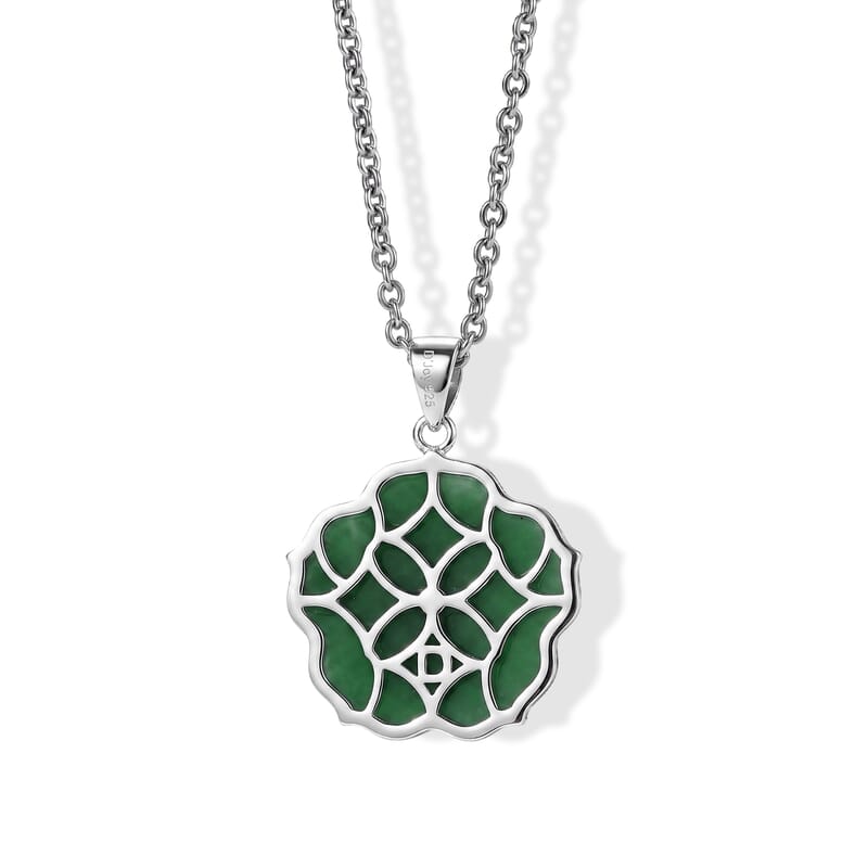 D'Joy Verdant Green Jade (D) and Moissanite 7.90 ctw Carved Floral Pendant Necklace in Rhodium Over Sterling Silver 18 Inches