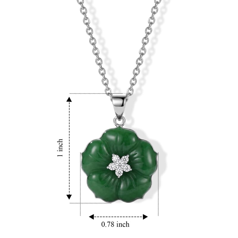 D'Joy Verdant Green Jade (D) and Moissanite 7.90 ctw Carved Floral Pendant Necklace in Rhodium Over Sterling Silver 18 Inches