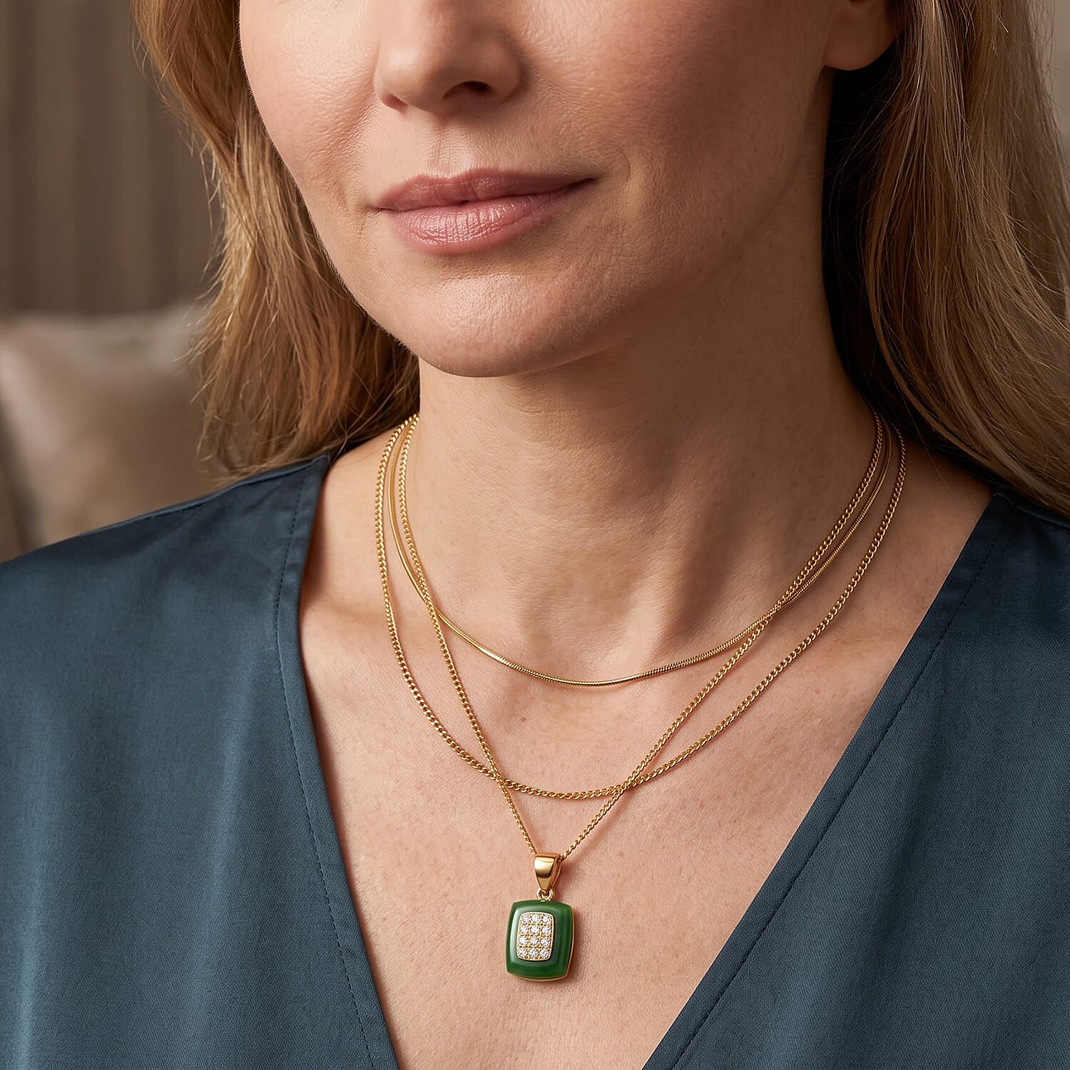 D'Joy Green Jade and Lab Grown Diamond 4.50 ctw Pendant Necklace in 18K YG Plated Sterling Silver 18 Inches