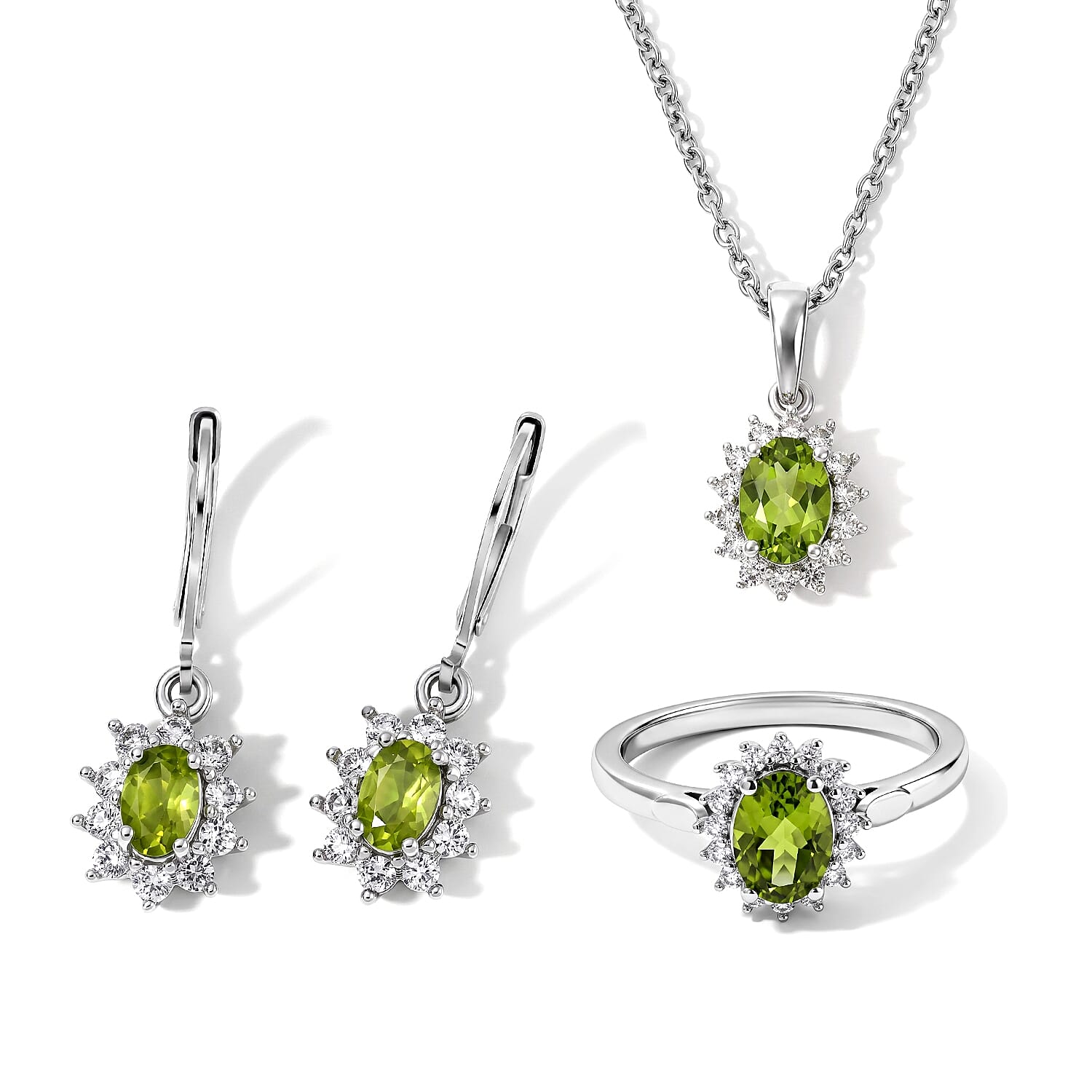 EverTrue Premium Hebei Peridot and White Zircon 4.25 ctw Earrings, Ring (Size 5.0) and Pendant in Platinum Bond with Stainless Steel Necklace (20 Inches)