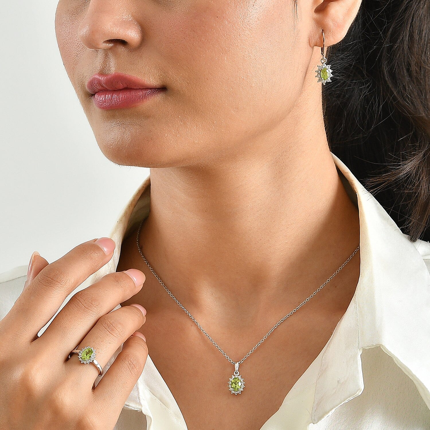 EverTrue Premium Hebei Peridot and White Zircon 4.25 ctw Earrings, Ring (Size 5.0) and Pendant in Platinum Bond with Stainless Steel Necklace (20 Inches)