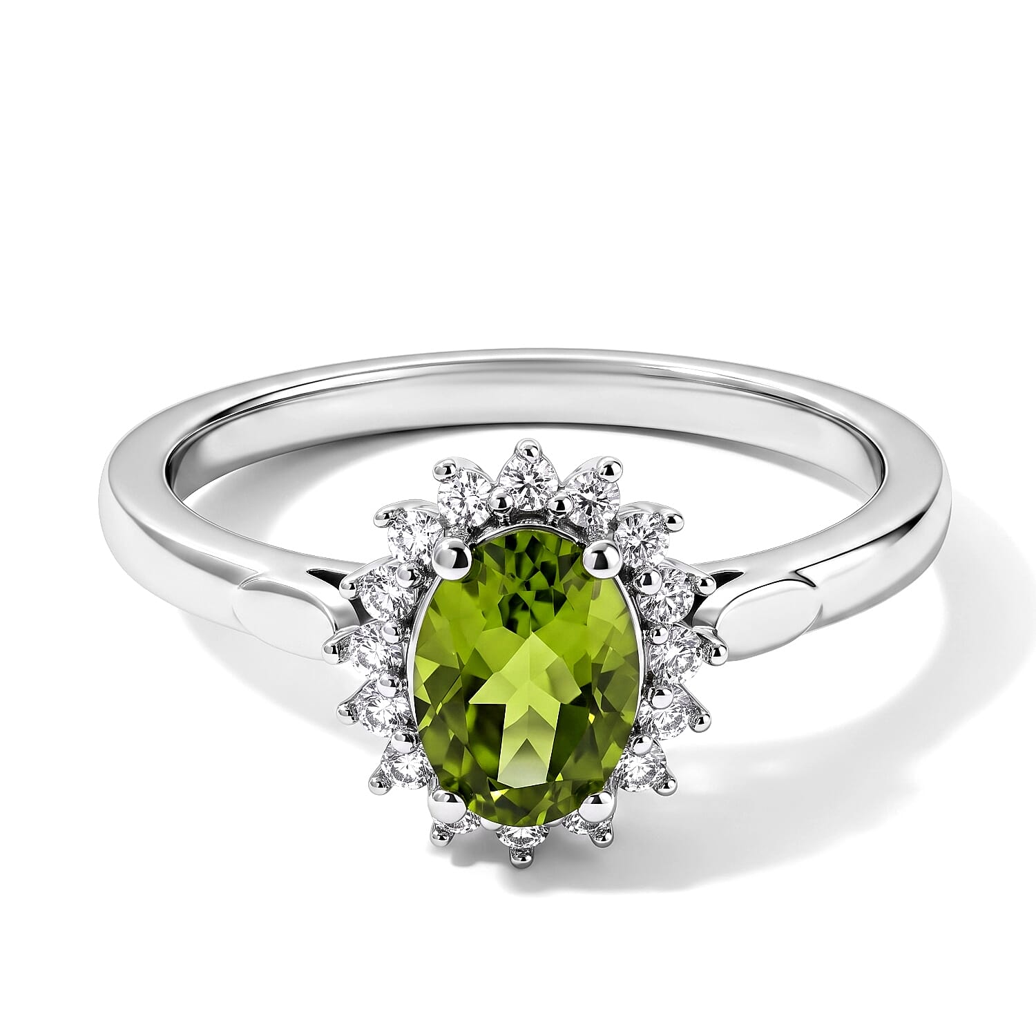 EverTrue Premium Hebei Peridot and White Zircon 4.25 ctw Earrings, Ring (Size 5.0) and Pendant in Platinum Bond with Stainless Steel Necklace (20 Inches)