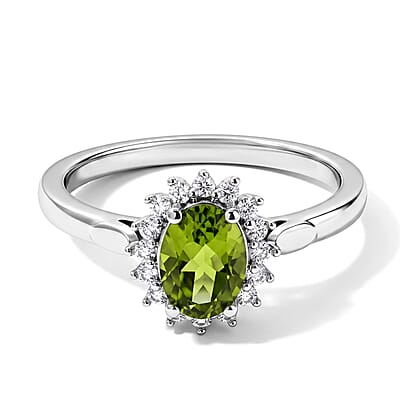 EverTrue Premium Hebei Peridot and White Zircon 4.25 ctw Earrings, Ring (Size 5.0) and Pendant in Platinum Bond with Stainless Steel Necklace (20 Inches)