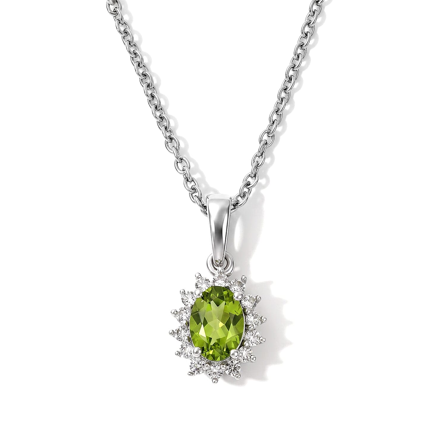 EverTrue Premium Hebei Peridot and White Zircon 4.25 ctw Earrings, Ring (Size 5.0) and Pendant in Platinum Bond with Stainless Steel Necklace (20 Inches)