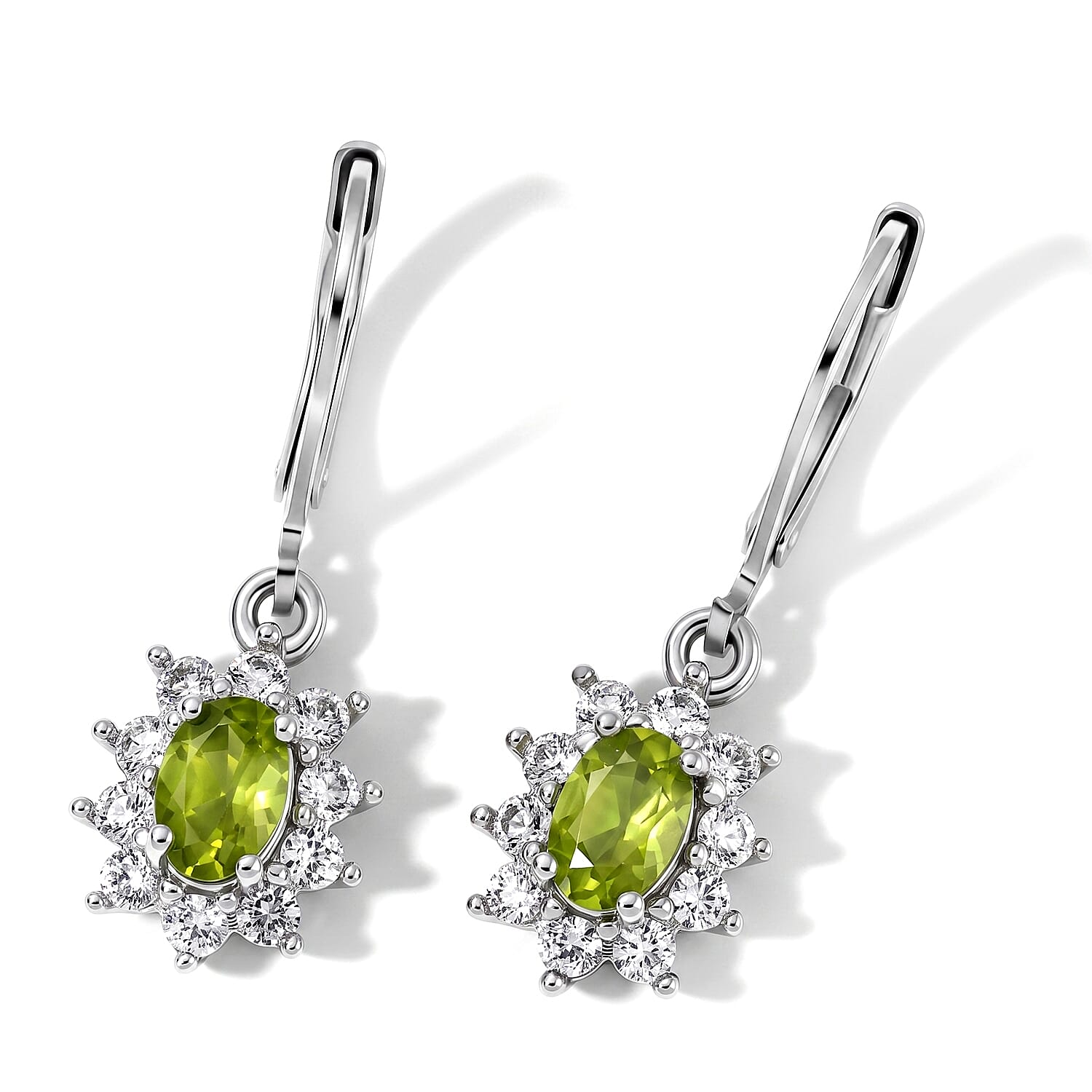 EverTrue Premium Hebei Peridot and White Zircon 4.25 ctw Earrings, Ring (Size 5.0) and Pendant in Platinum Bond with Stainless Steel Necklace (20 Inches)