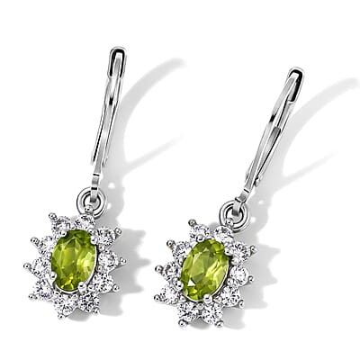 EverTrue Premium Hebei Peridot and White Zircon 4.25 ctw Earrings, Ring (Size 5.0) and Pendant in Platinum Bond with Stainless Steel Necklace (20 Inches)