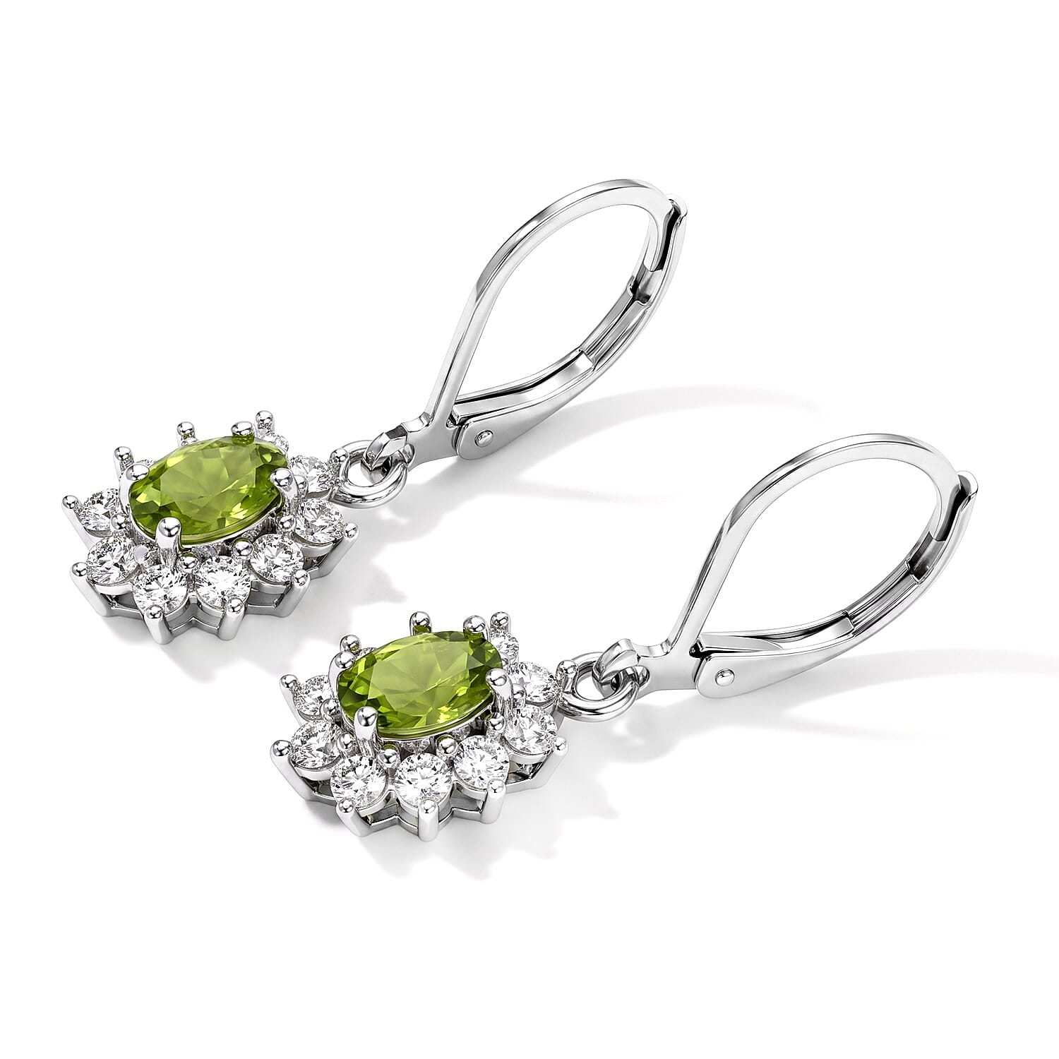 EverTrue Premium Hebei Peridot and White Zircon 4.25 ctw Earrings, Ring (Size 5.0) and Pendant in Platinum Bond with Stainless Steel Necklace (20 Inches)