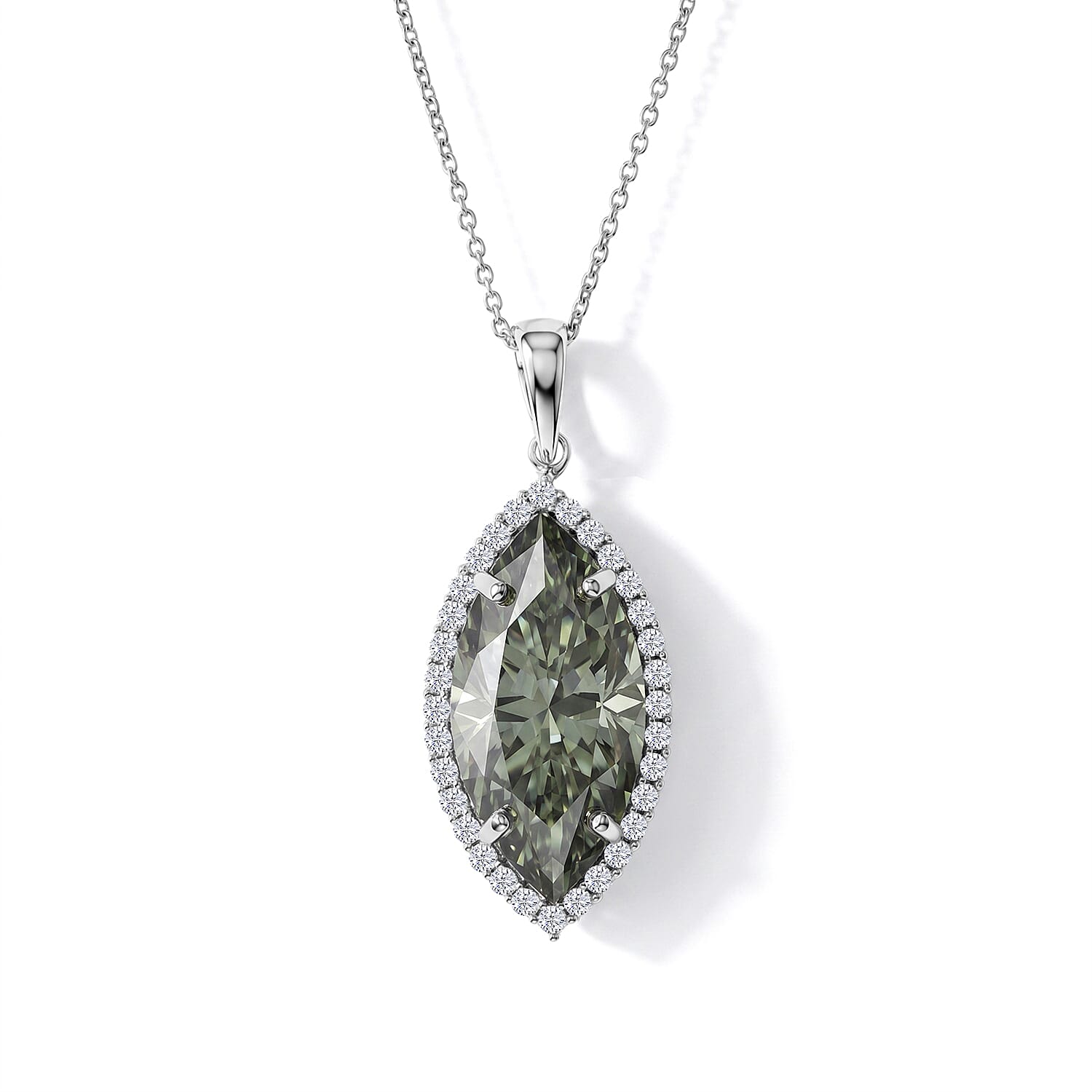 D'Joy Green and White Moissanite 10.65 ctw Verdant Halo Grand Pendant Necklace (20 Inches) in Rhodium Over Sterling Silver