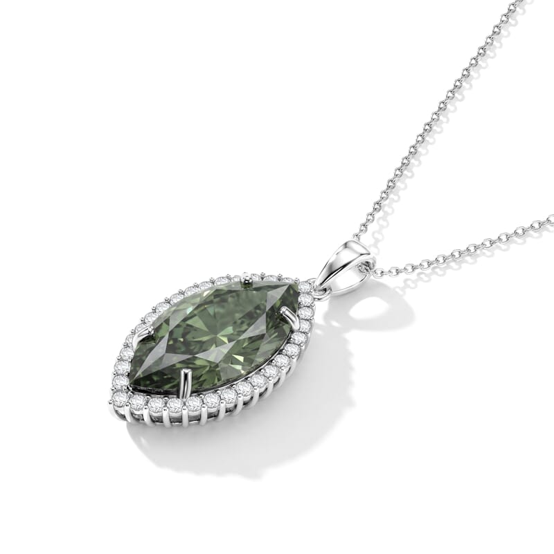 D'Joy Green and White Moissanite 10.65 ctw Verdant Halo Grand Pendant Necklace (20 Inches) in Rhodium Over Sterling Silver