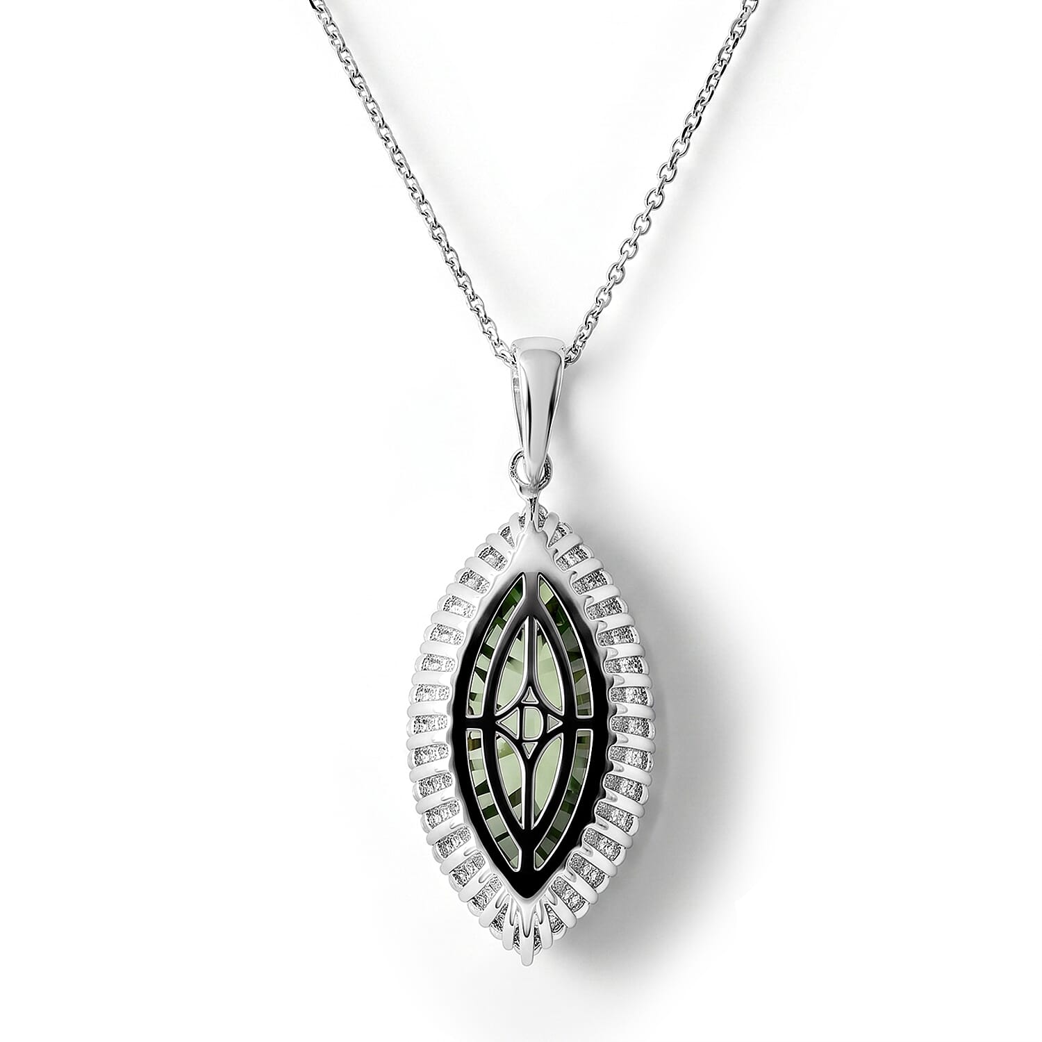 D'Joy Green and White Moissanite 10.65 ctw Verdant Halo Grand Pendant Necklace (20 Inches) in Rhodium Over Sterling Silver