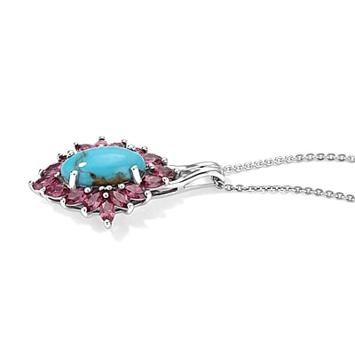 D'Joy AAA Sonoran Turquoise and Orissa Rose Garnet 3.65 ctw Pendant Necklace in Rhodium Over Sterling Silver (20 Inches)