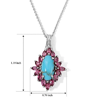 D'Joy AAA Sonoran Turquoise and Orissa Rose Garnet 3.65 ctw Pendant Necklace in Rhodium Over Sterling Silver (20 Inches)