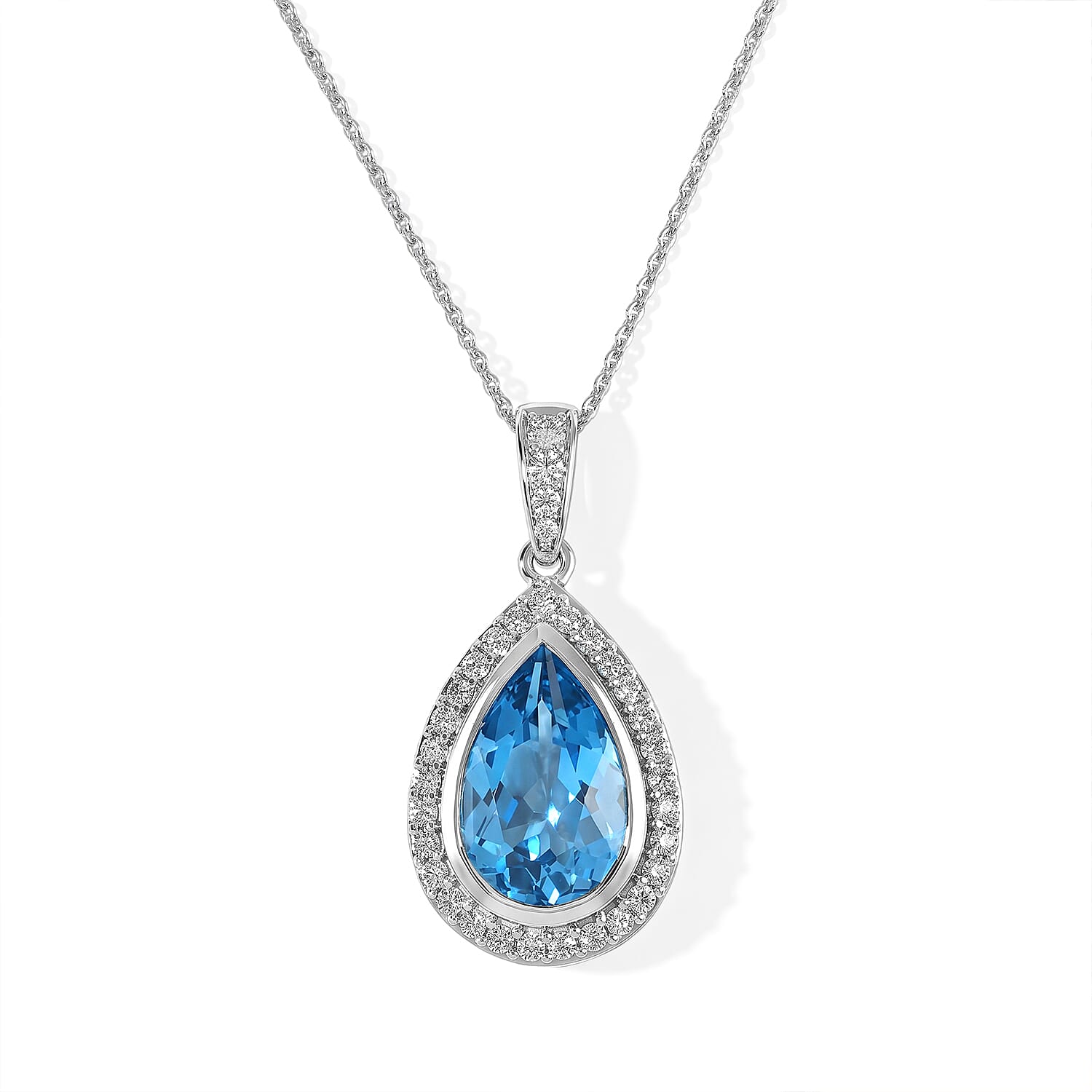 D''Joy Premium Certified Swiss Blue Topaz and Moissanite 5.50 ctw Pendant Necklace in Rhodium Over Sterling Silver 20 Inches