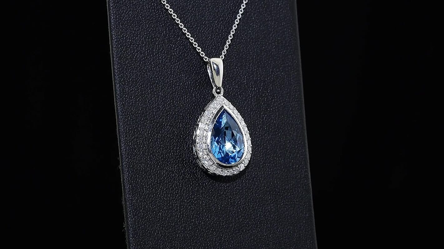 D''Joy Premium Certified Swiss Blue Topaz and Moissanite 5.50 ctw Pendant Necklace in Rhodium Over Sterling Silver 20 Inches