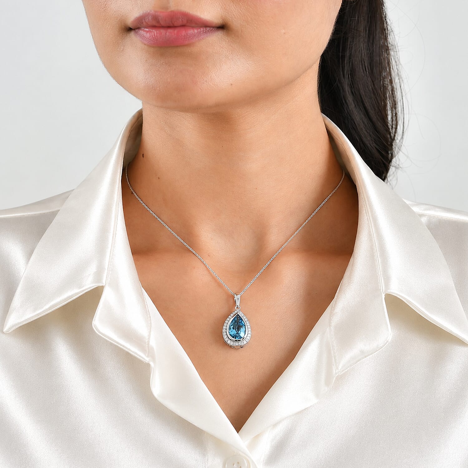 D'Joy Premium Swiss Blue Topaz and Moissanite 5.50 ctw Dew Drop Pendant Necklace in Rhodium Over Sterling Silver 20 Inches